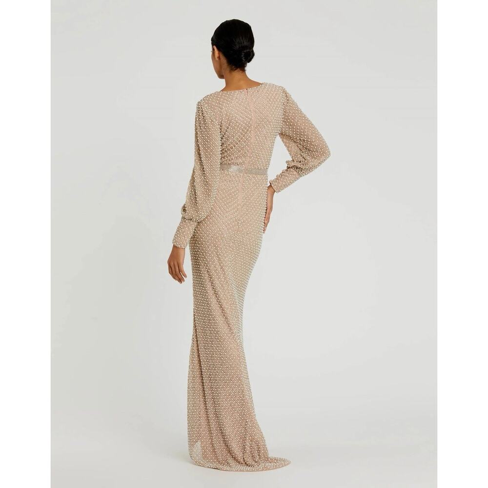 Mac Duggal 10062 Beige Size 4 Wrap Over Pearl Gown Beaded Bishop Sleeves NWT - Picture 4 of 16